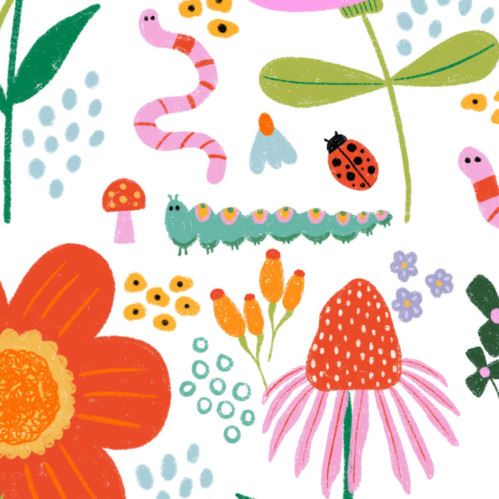 Flower and insect garden. Whimsical garden surface pattern featuring flowers, mushrooms, leaves, ladybugs and colorful botanical motifs.