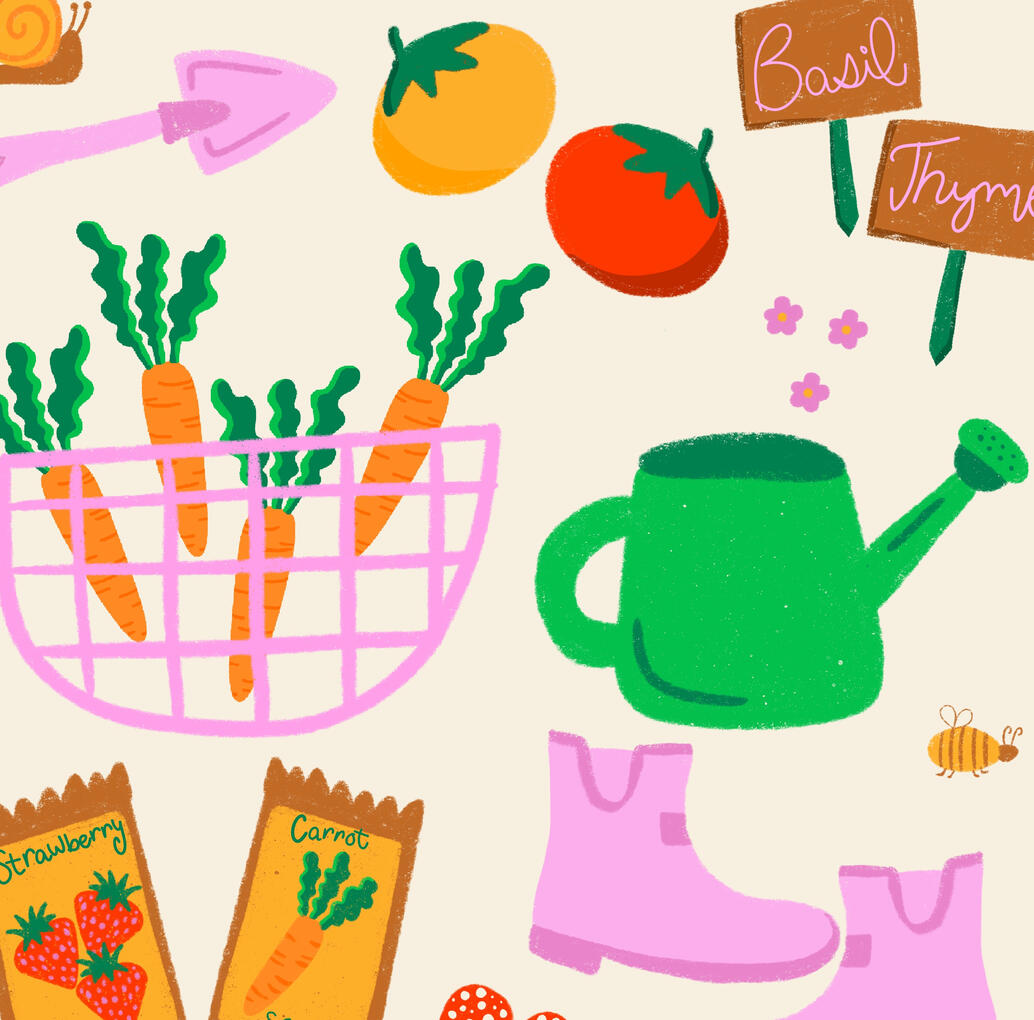 Vegetable Garden Colorful vegetable garden surface pattern featuring carrots, tomatoes, watering cans and gardening tools.