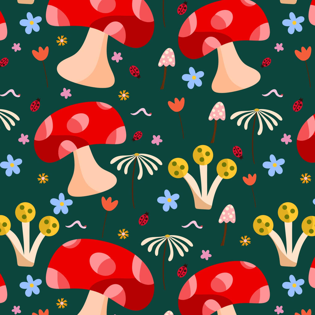 Mushrooms Garden Retro mushroom surface pattern with red mushrooms, flowers and small botanical motifs on a dark green background.