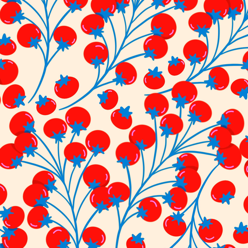 Tiny red tomatoes on a blue vine pattern. Tiny red tomatoes on a blue vine pattern.