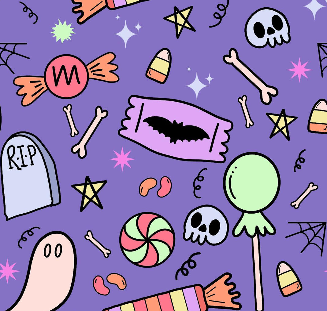 Cute Halloween candy pattern. Spooky ghosts, skulls and colorful Halloween candy.