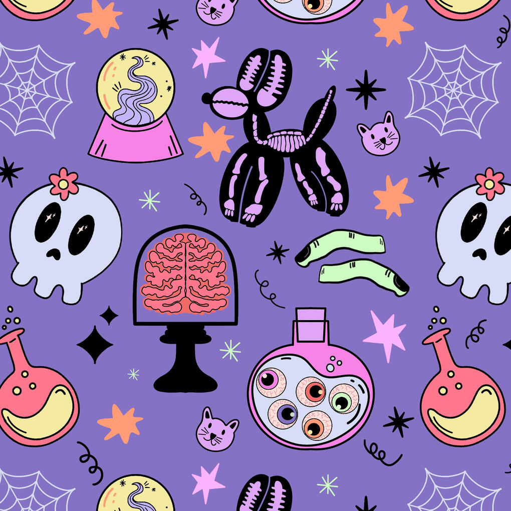Balloon dog skeleton Halloween pattern. Purple background with illustrated balloon dog skeletons, brains, potions and skulls in a pastel color Halloween pattern.