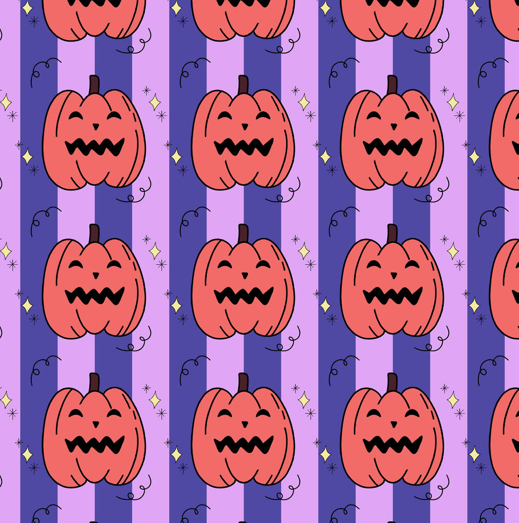 Jack-o’-lanterns Cute Halloween jack-o’-lanterns pattern with black squiggles on purple stripe background.