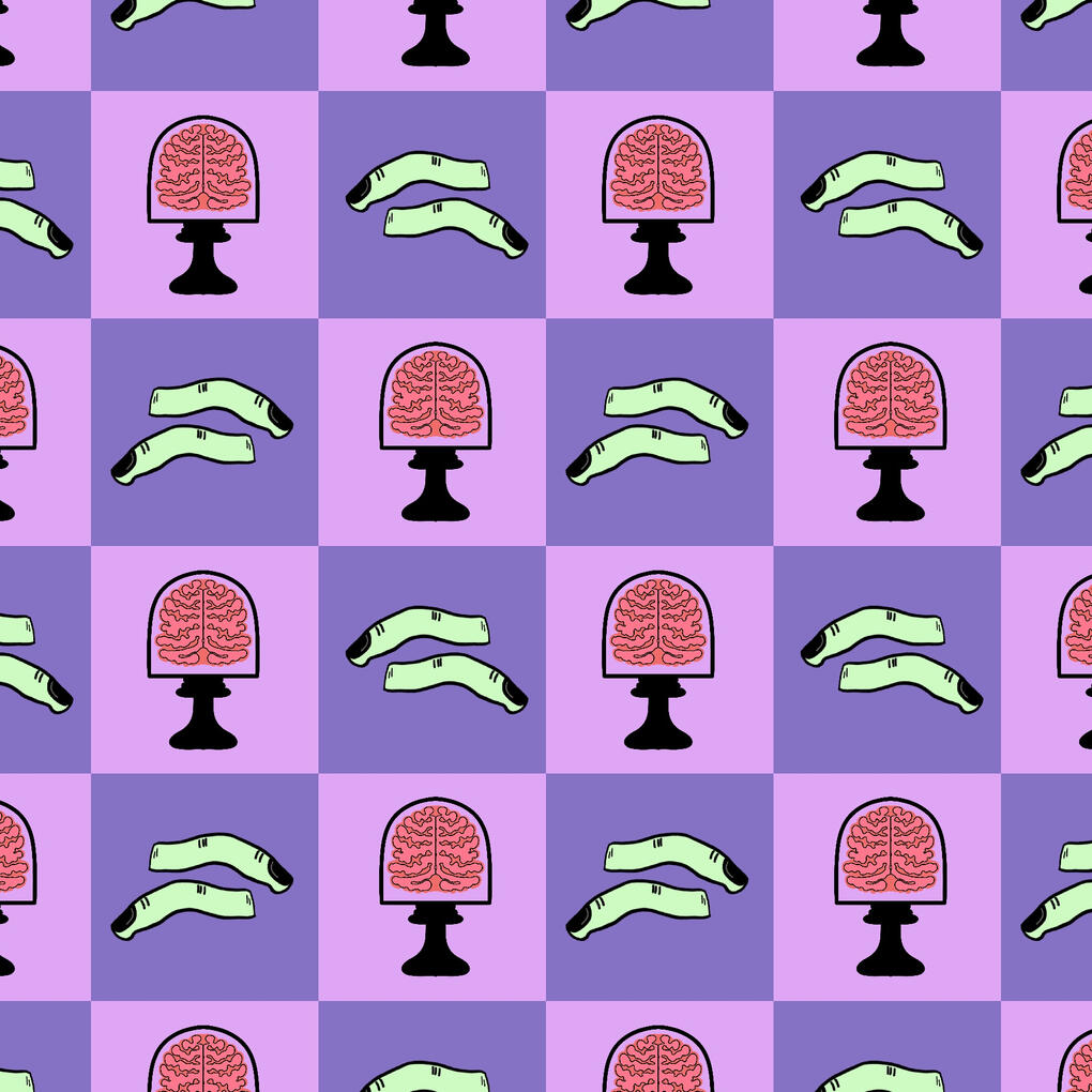 Halloween checkerboard pattern Halloween checkerboard pattern with brains a severed fingers in pastel colors.