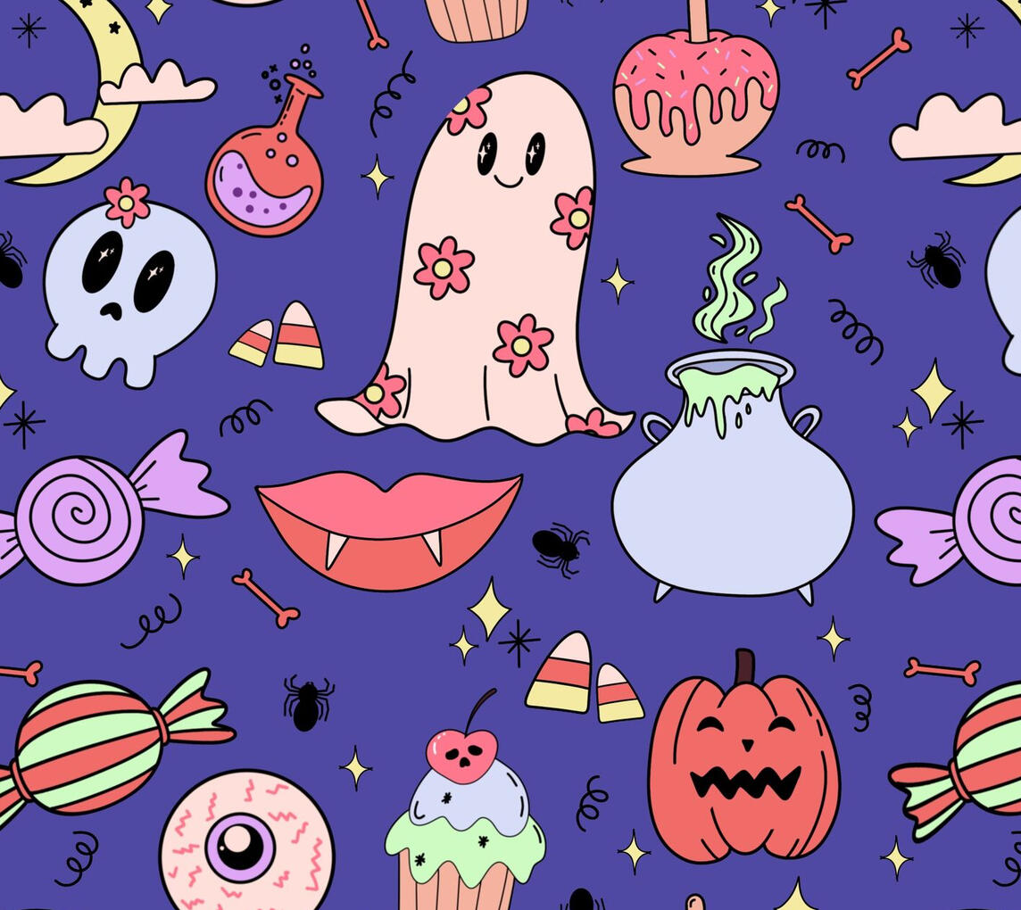 Cute ghost and Halloween treats pattern. Dark purple background with cute retro ghosts, pumpkins, spooky cupcakes and more in pastel colors.