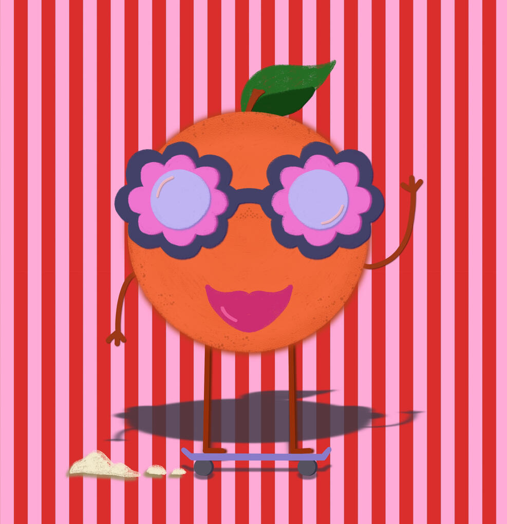 Skater Orange A orange imagined as a skater wearing purple flower shaped sunglasses riding a skateboard and waving on a pink and red striped background.