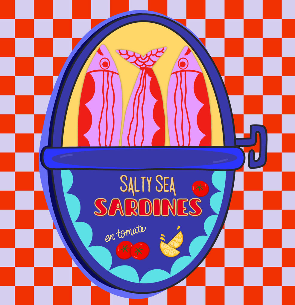 Can of sardines Retro inspired checkerboard background in red and light purple with a blue sardine can featuring hot pink and red sardines.