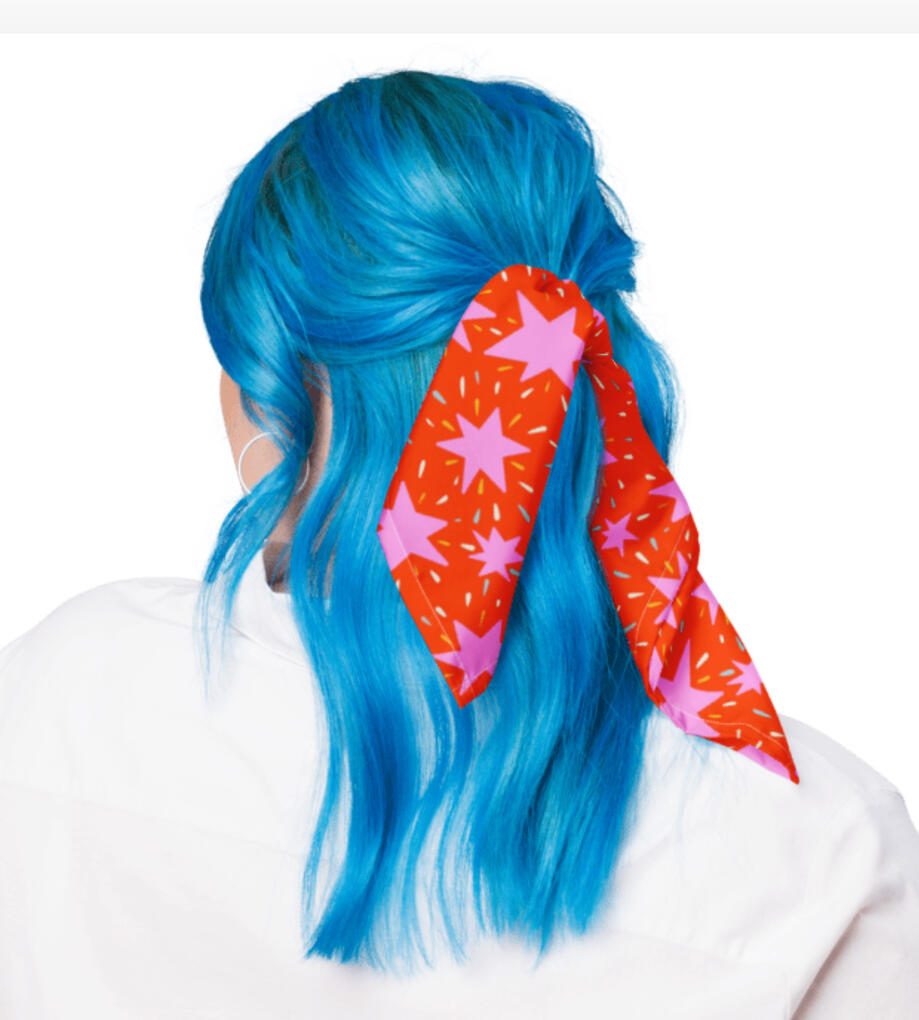 Silk bandanna Silk bandanna hair ribbon in red and pink starburst pattern.