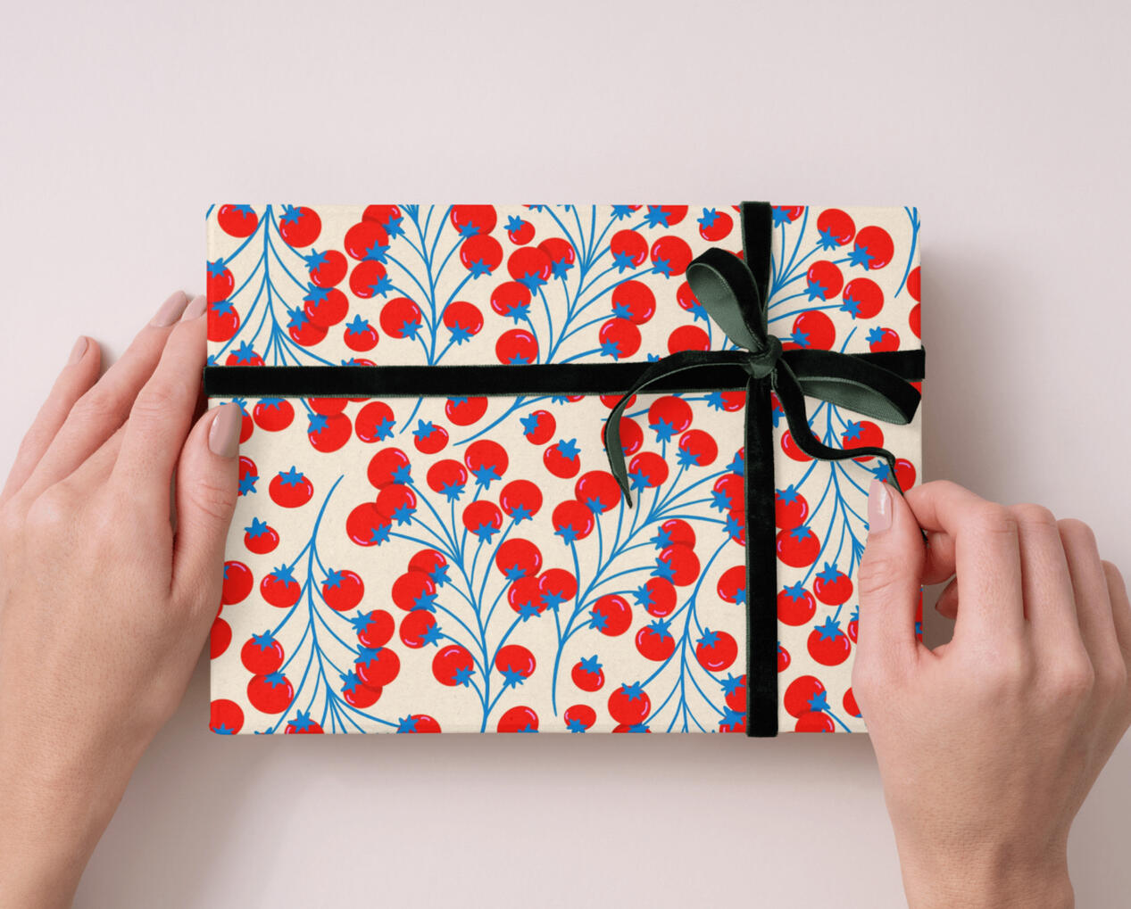 Tomato gift wrap Tiny red tomato pattern on cream colored gift wrap.