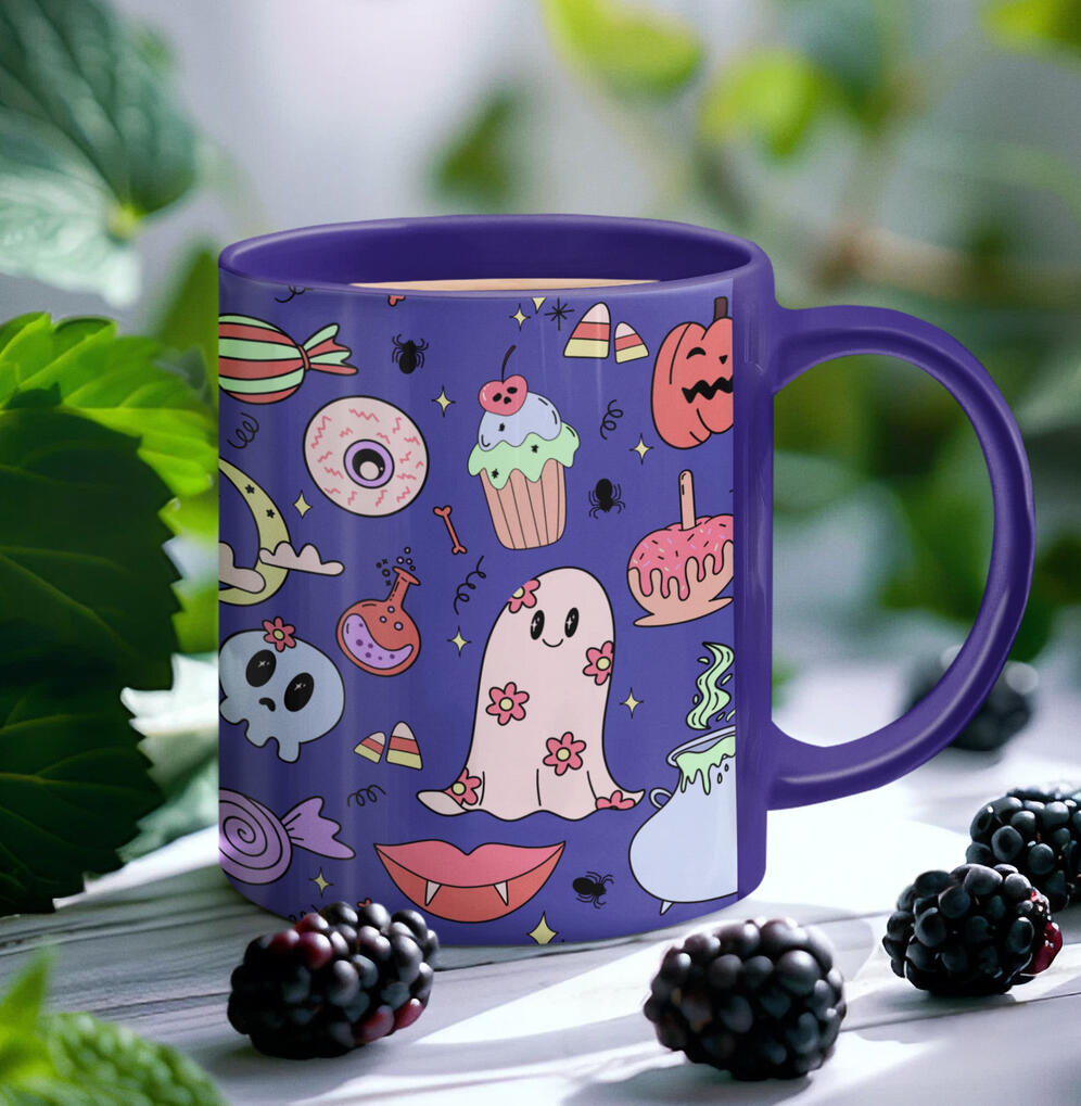 Halloween mug Halloween mug with retro flower ghosts and treats in pastel colors.