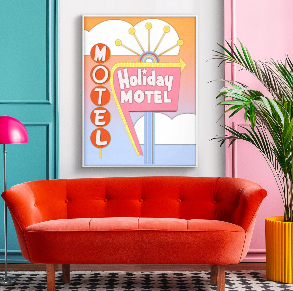 Retro hotel sign Retro hotel sign poster in pastel colors floating in clouds.