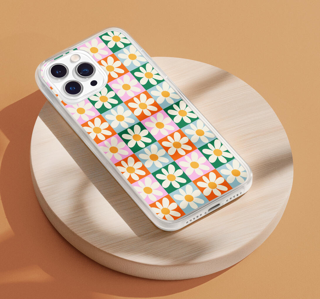 Retro flower phone case Fun retro pattern on checkerboard background in green, blue, pink and orange with hand drawn white flowers.