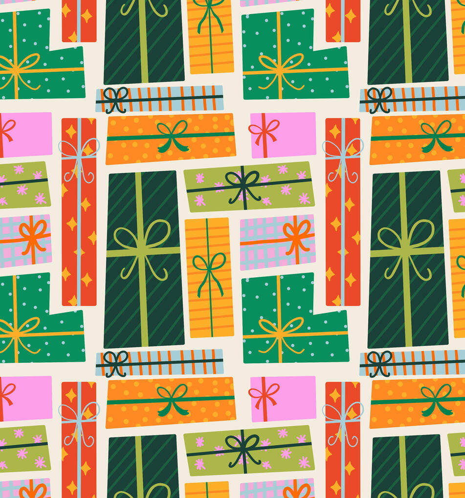 Holiday Gifts Quirky shaped holiday gifts with bright bold colors and colorful ribbons in reds, greens and yellows.