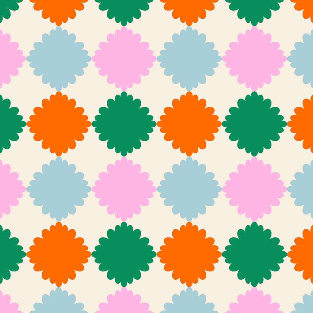 Retro Pom poms Wavy retro pin pin pattern in pink, pastel blue, green and orange on cream background.