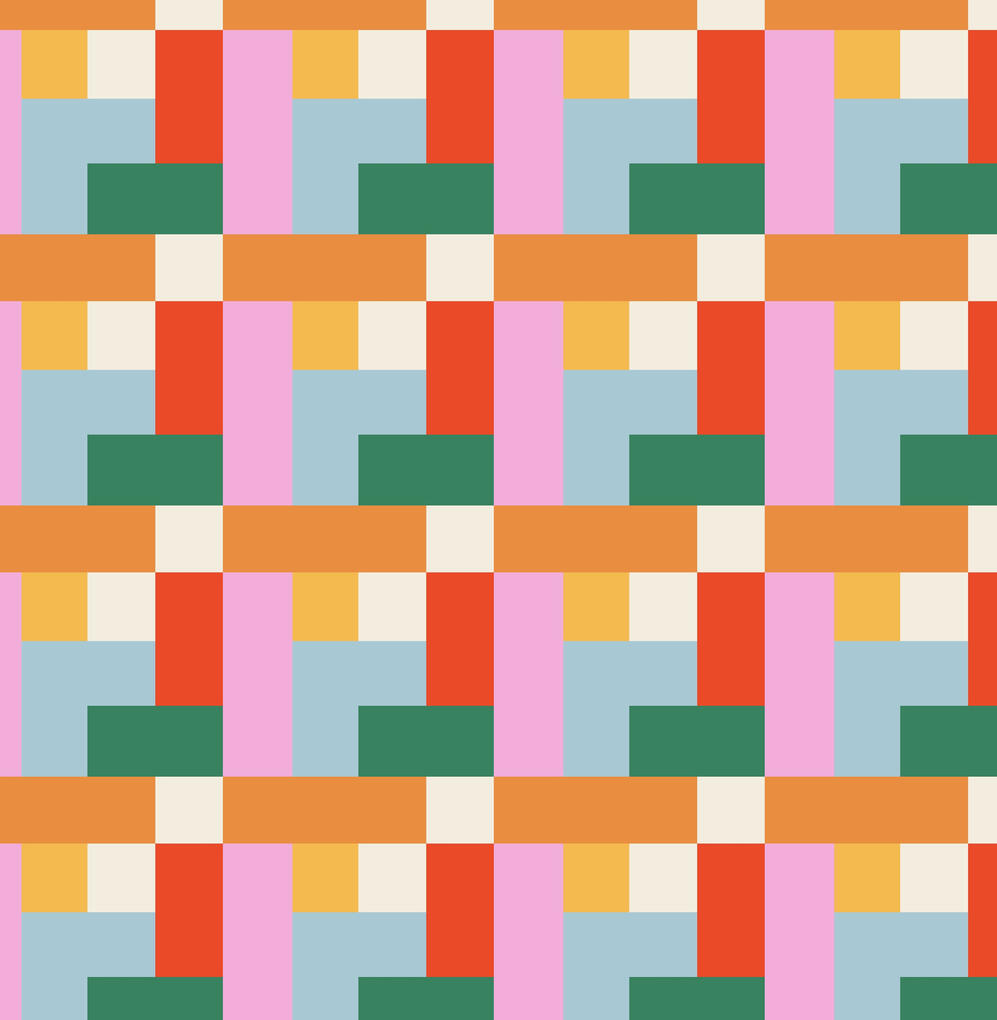 Retro woven lattice block A seamless retro geometric pattern with a woven lattice design. Interlocking orange, lavender, bands with dark green and teal.
