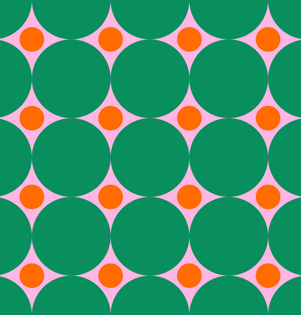 Mid century mod circles A striking geometric pattern with large bold green circles arranged together over a vibrant pink background. Small orange circles as accents intersecting giving it a retro mod, pop art style.