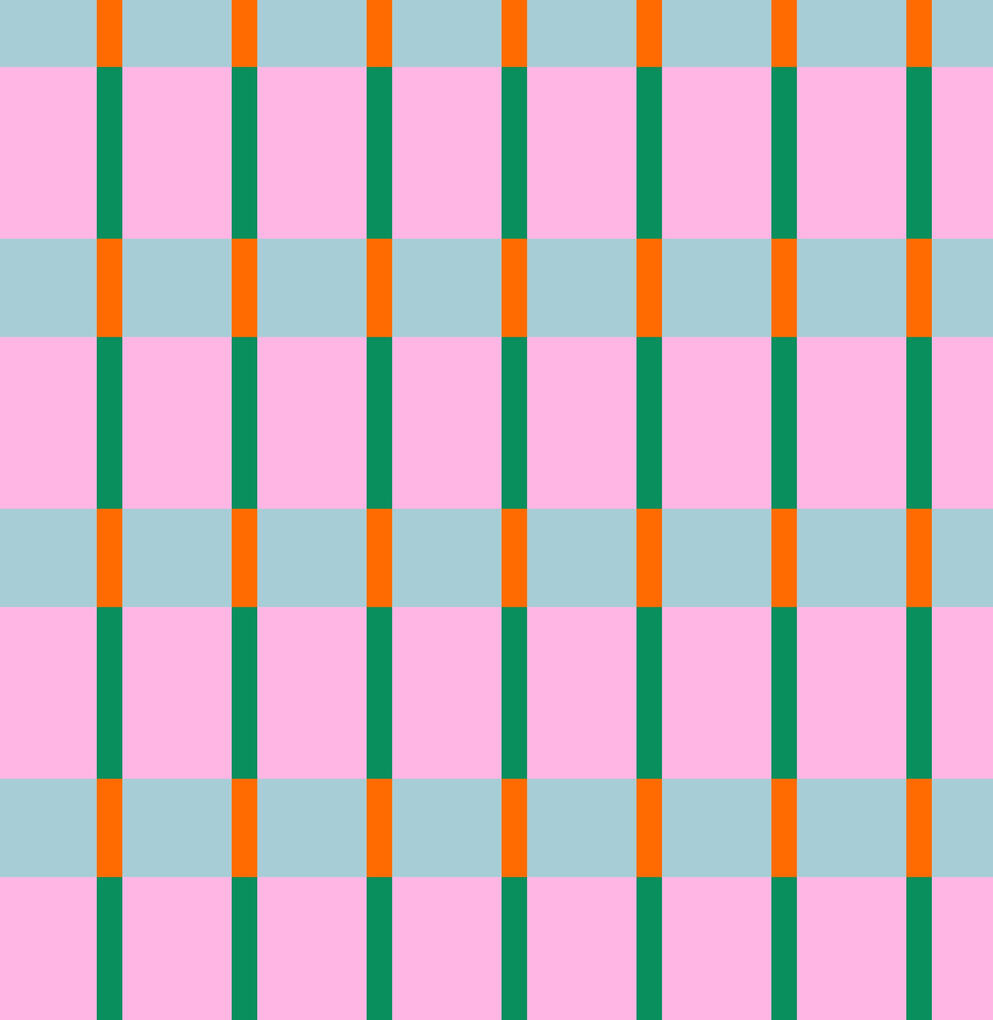Retro plaid stripe Retro plaid pattern against a pastel pink background with thin vertical lines of dark green a vibrant orange. Blue horizontal stripes give a mid century ribbon effect.