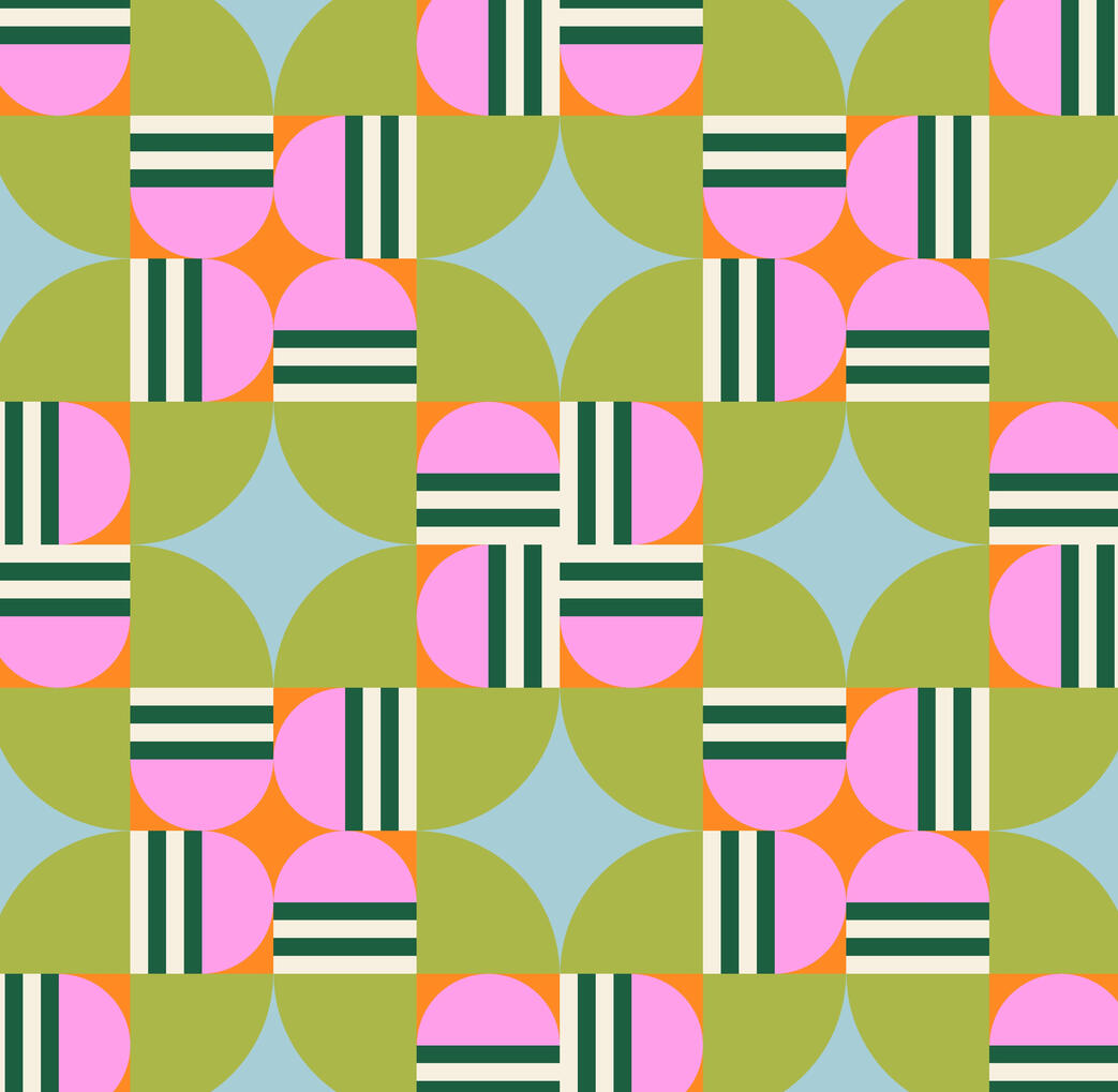 Retro wheelhouse Intricate geometric retro pattern combining overlapping circular arcs in light blue, sage and pink.