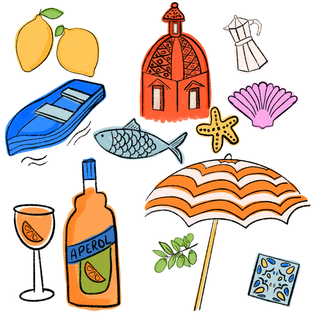 Amalfi Colorful hand-drawn Amalfi Coast illustration featuring Mediterranean buildings, lemons, the famous orange beach umbrellas, refreshing Aperol and seaside details.