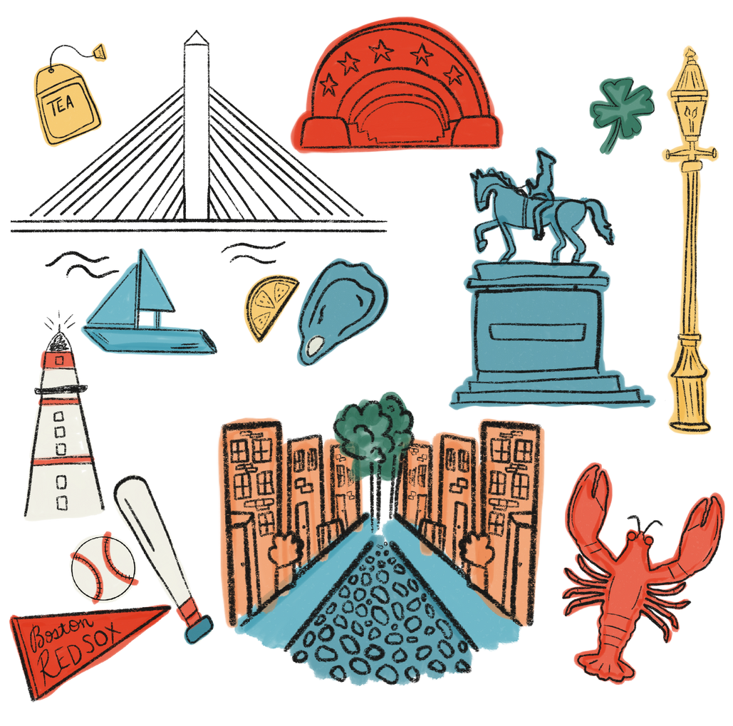 Boston Hand-drawn Boston city illustration featuring iconic landmarks, architecture, local food and colorful Boston details.