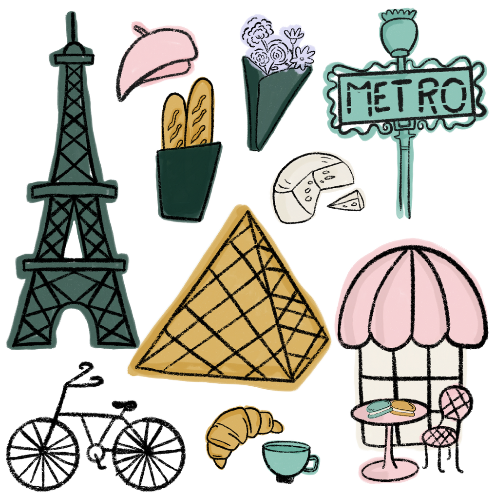 Paris Whimsical hand-drawn Paris illustration featuring the Eiffel Tower, café, croissant, Metro sign and colorful French details.