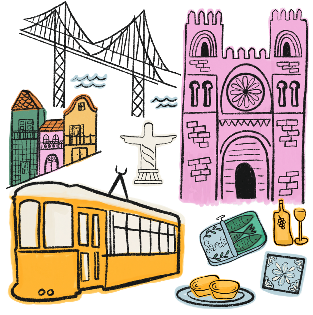 Lisbon Whimsical hand-drawn Lisbon illustration featuring colorful buildings, Portuguese tiles, tram and local travel details.