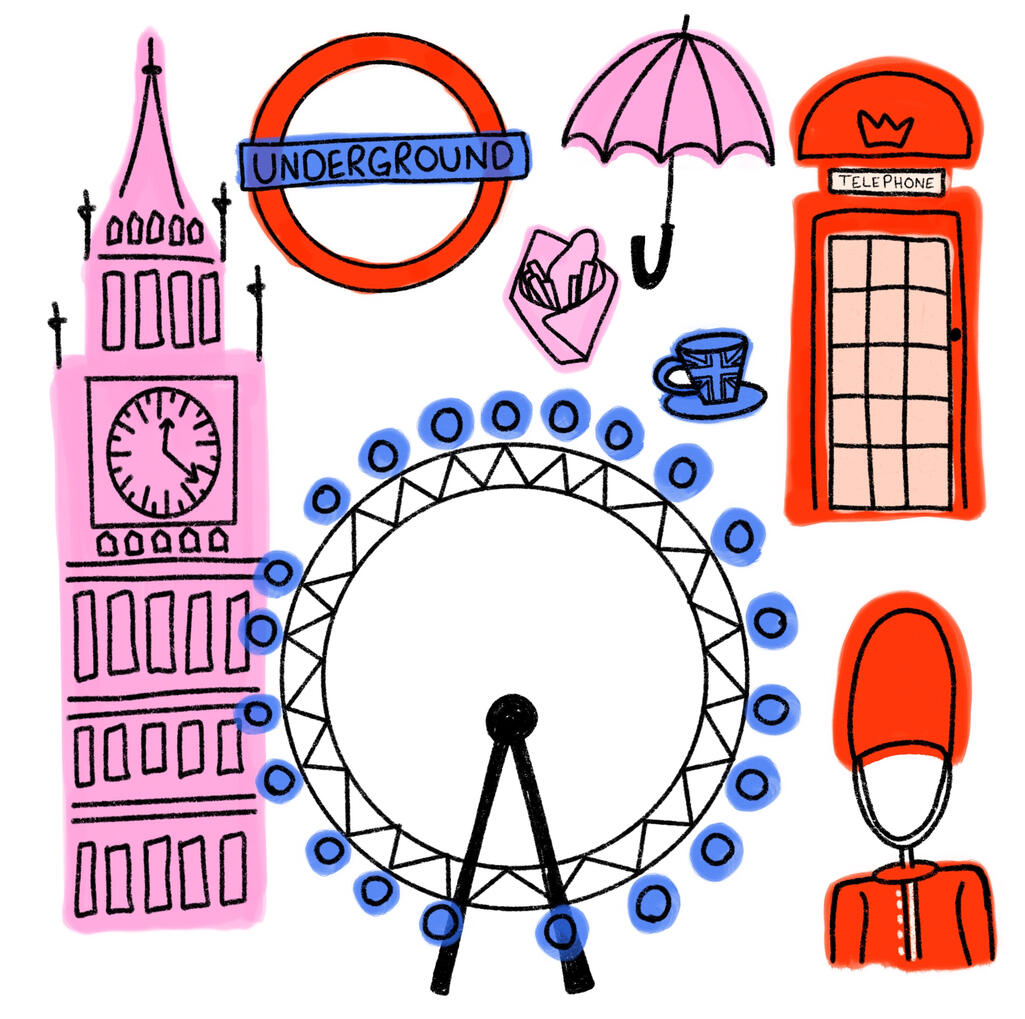 London Colorful hand-drawn London illustration featuring iconic landmark Big Ben, a red telephone box, the London eye, the underground sign and many more fun details.