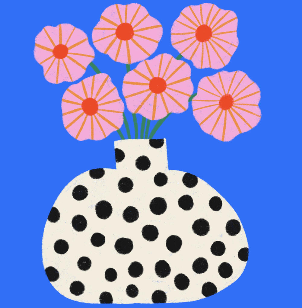 Pink Petals Wavy pink flowers with orange stripes and red middle standing in a cream colored vase with black polka dots on a blue background.